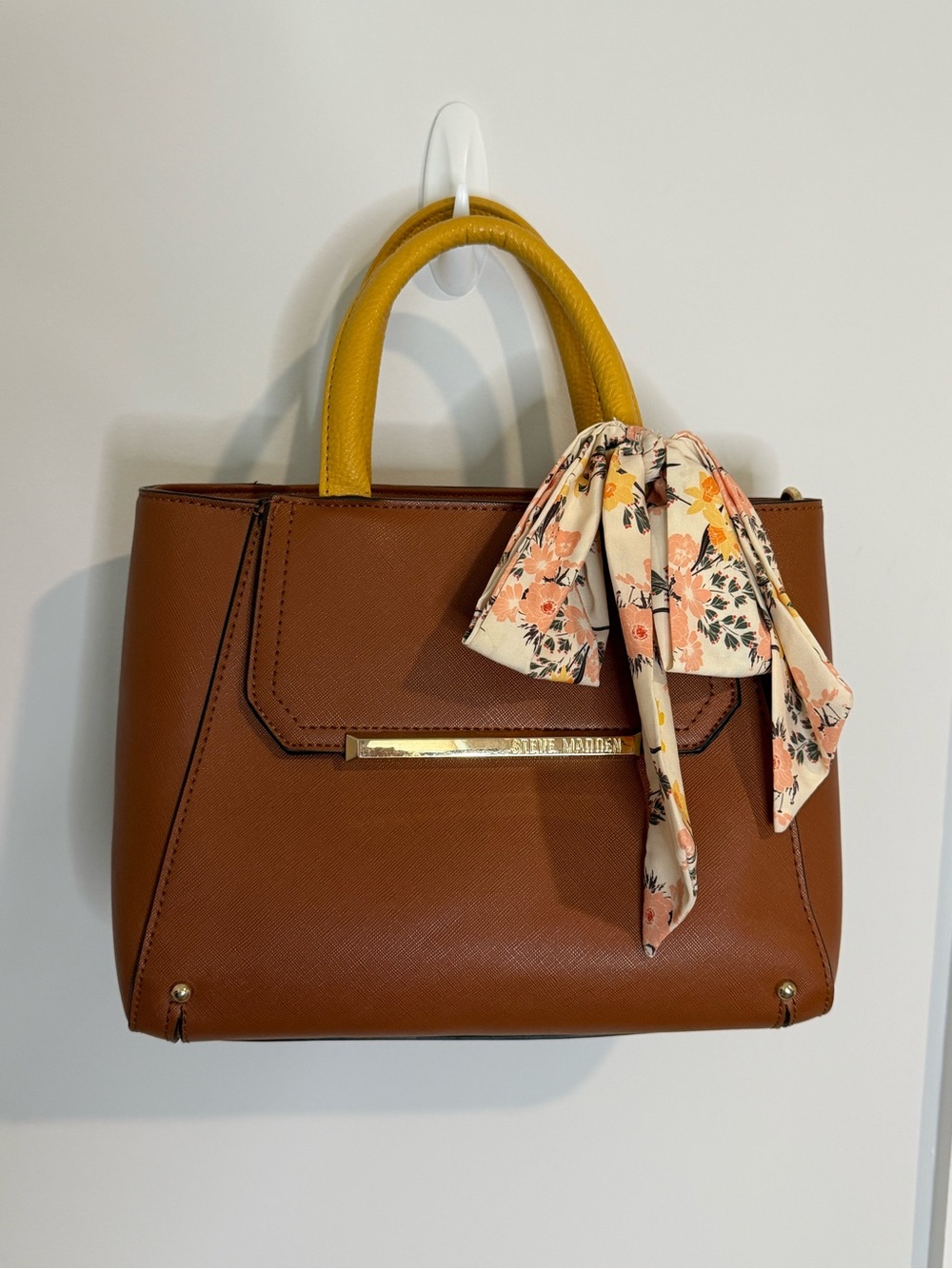 Steve Madden Tan Satchel with Yellow Top Handle and Floral Scarf - Picture 2 of 10